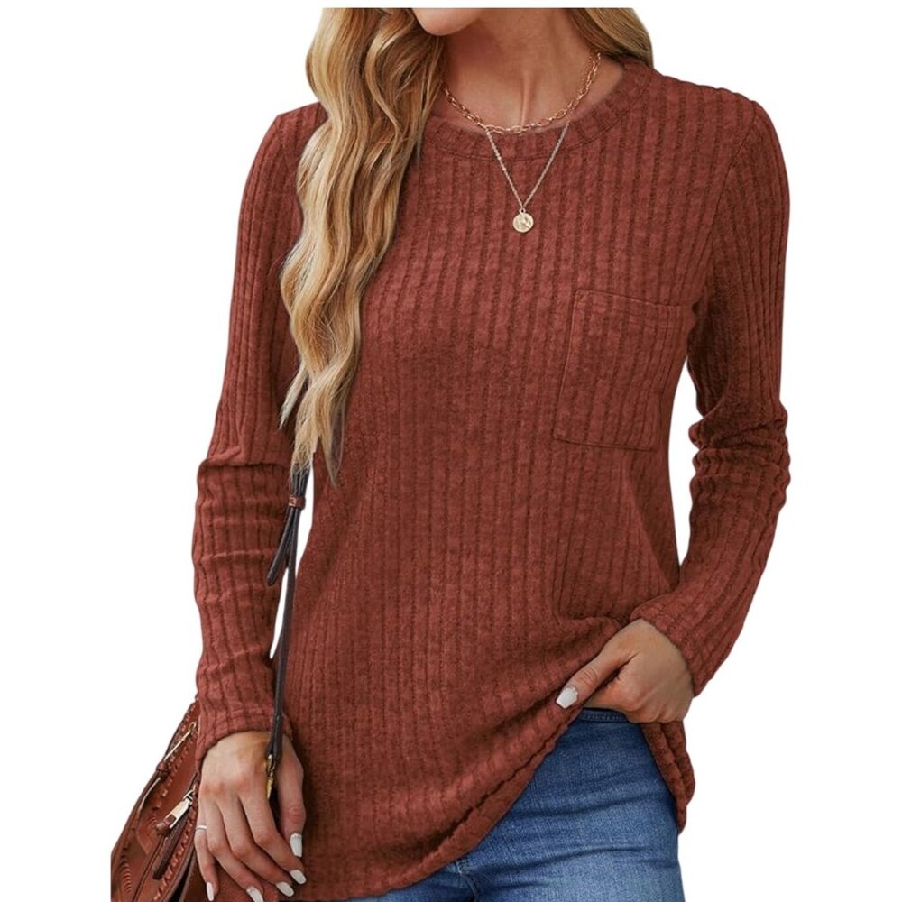 Ribbed Long Sleeve Rust‎ Top With Pocket Detail Womens XL Casual